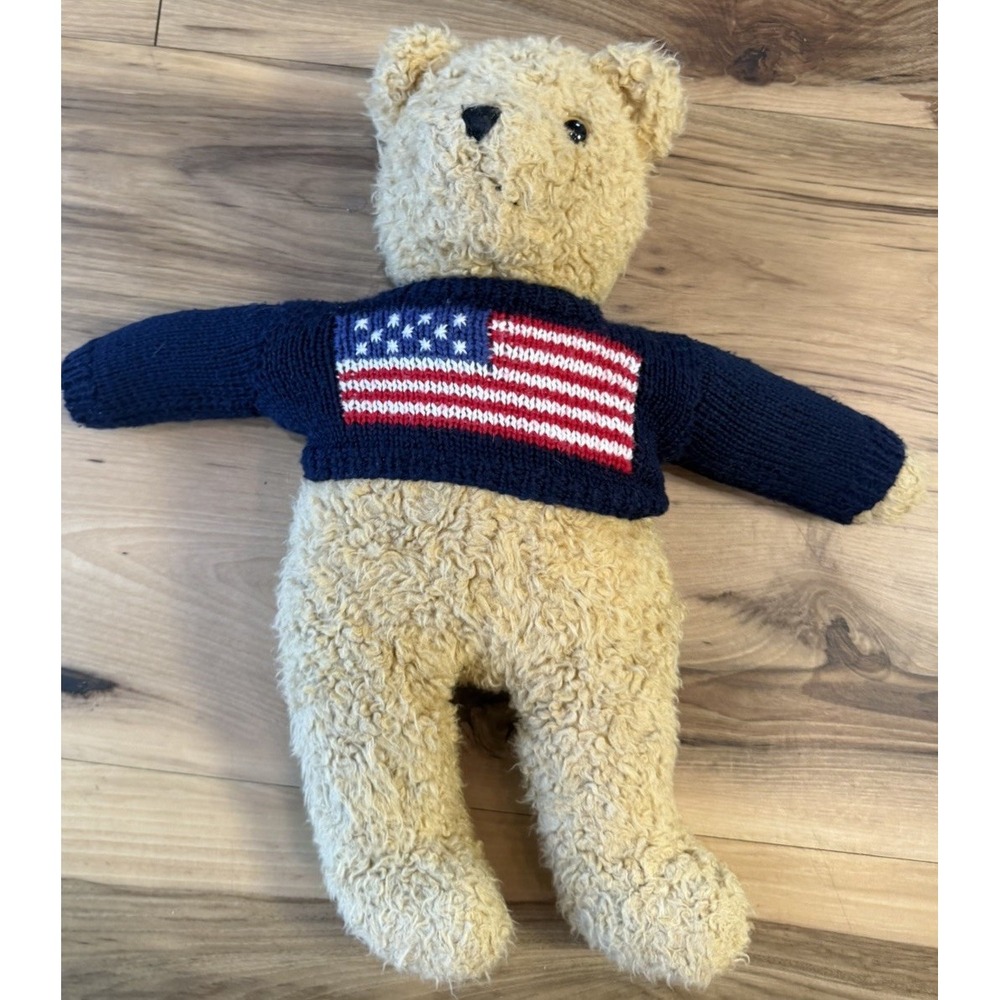 Vintage 1990 Ty Curly Teddy Bear 18" American Flag Sweater Patriotic Plush USA